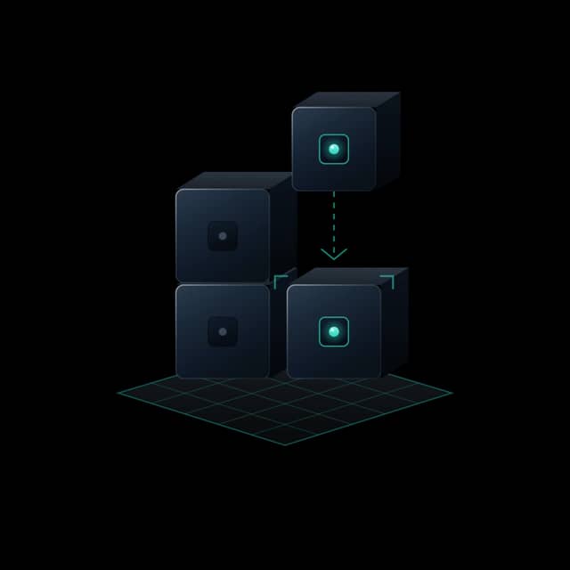 Build emblem: modular system blocks assembling over a blueprint grid