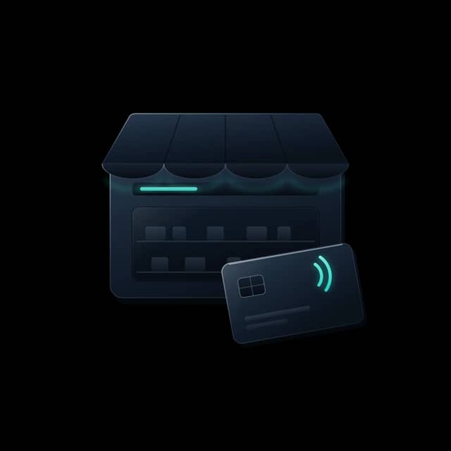 Commerce emblem: a dark storefront with an illuminated awning and a payment card presented in front