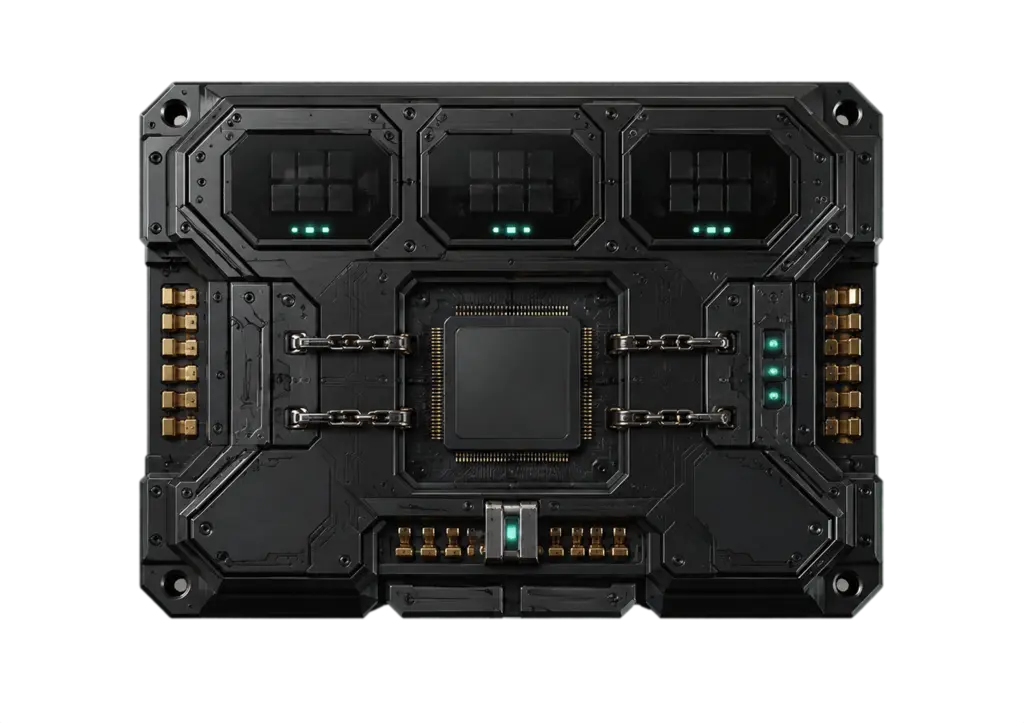 Crypto POS secure ledger module — chained ledger blocks around a central die with gold contact banks