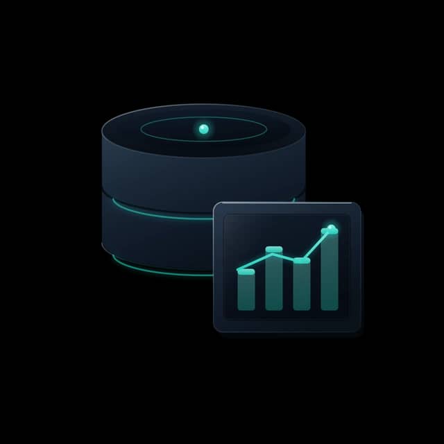 Data emblem: a database stack behind a rising analytical chart
