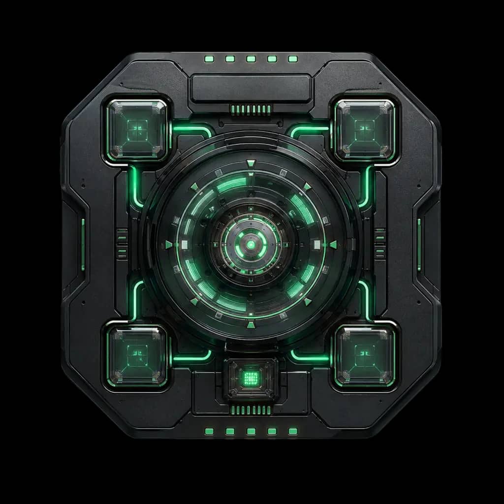 Loyalty state processor — an illuminated customer-cycle ring core with four glass cells and emerald contacts, visibly powered