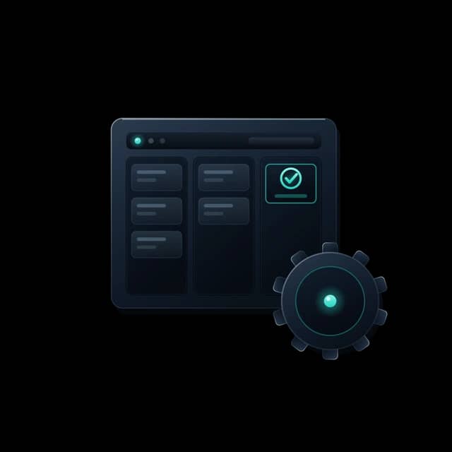 Operations emblem: a workflow board with a completed ticket and a precision gear