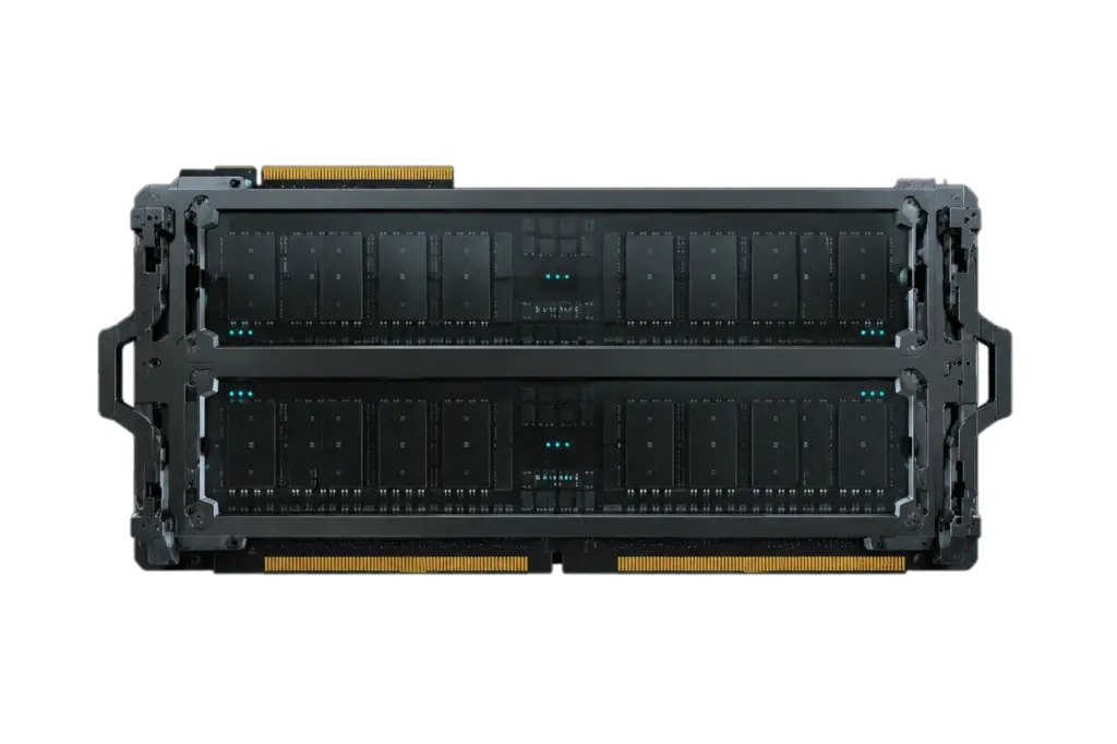 SaaS compute and memory bank — two rows of modular memory slabs with gold edge connectors