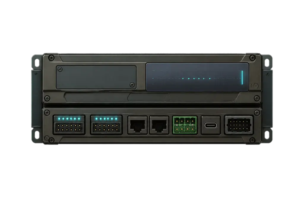 Terminal input/output endpoint controller — an industrial faceplate of physical ports and diagnostic lights