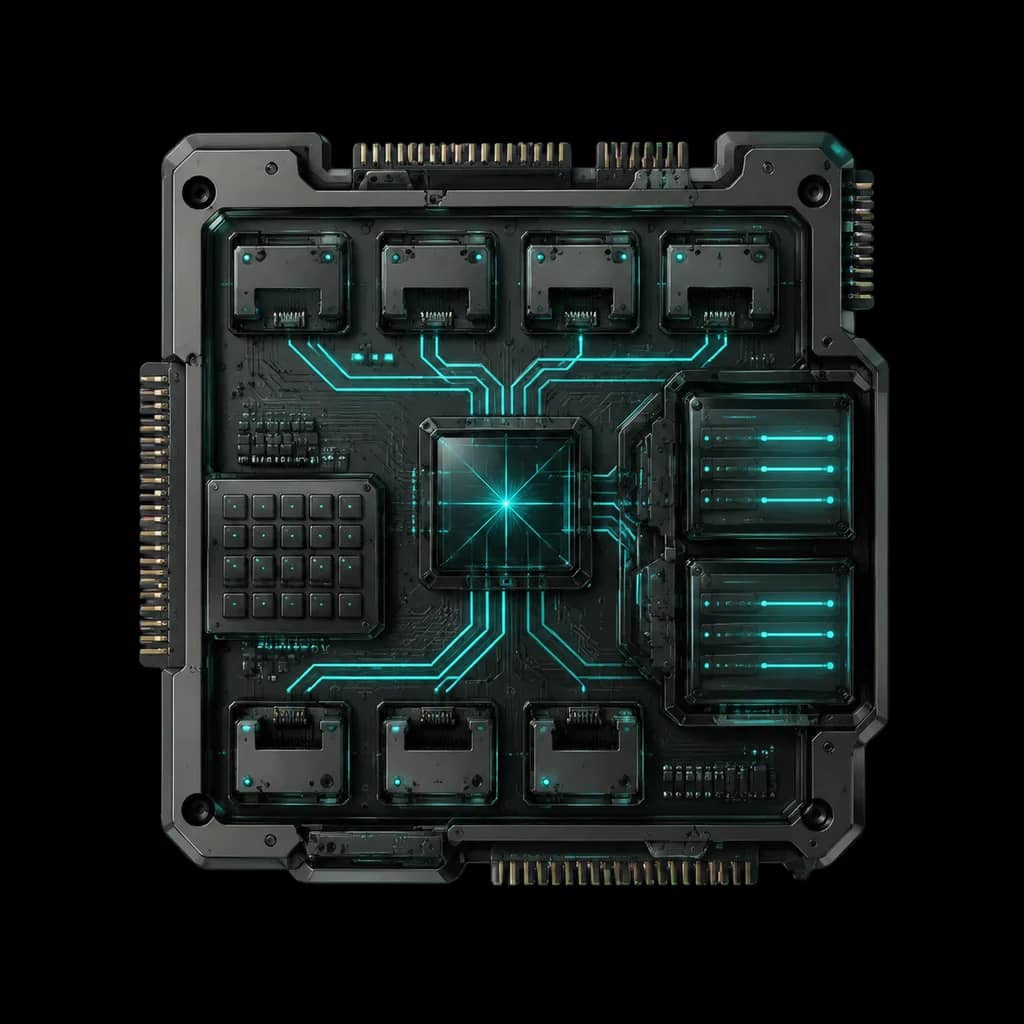 Workspace network module — communication nodes routed to a lit central switch