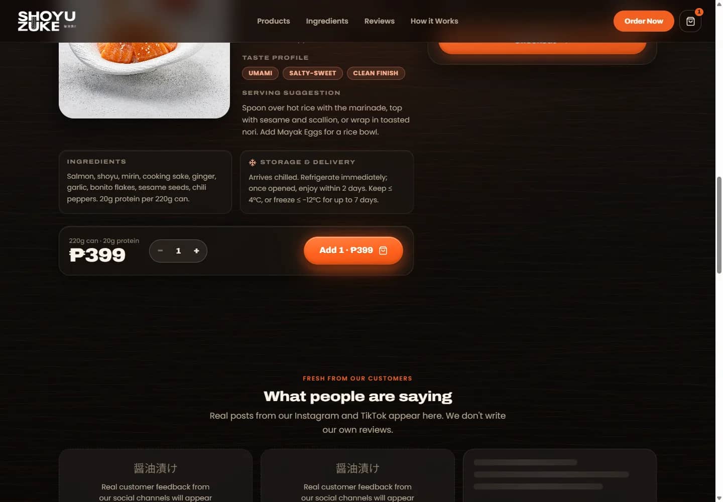 Shoyuzuke cart panel showing one item added with a subtotal and checkout button