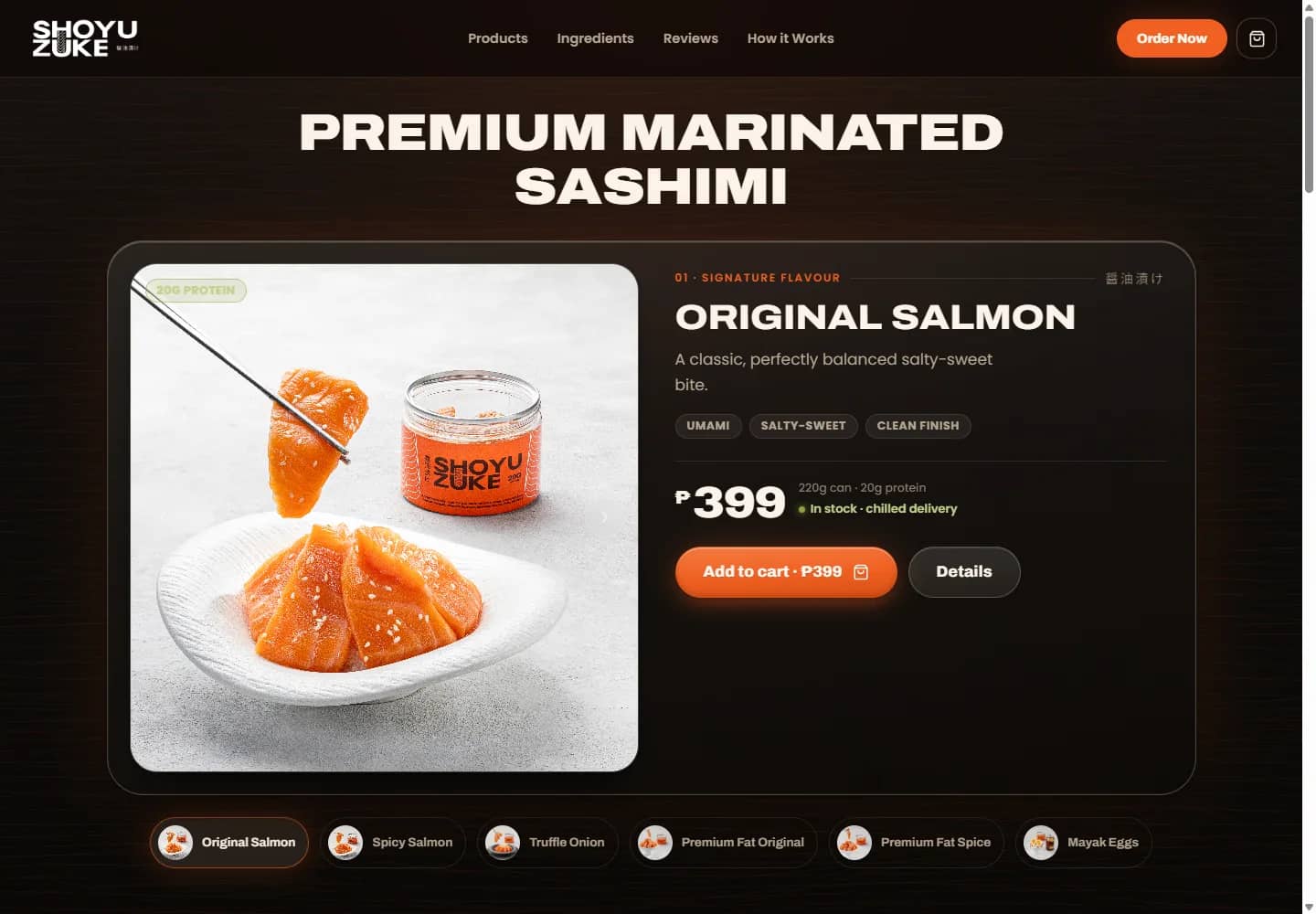 Shoyuzuke storefront showing the Original Salmon product card with price and an Add to cart button