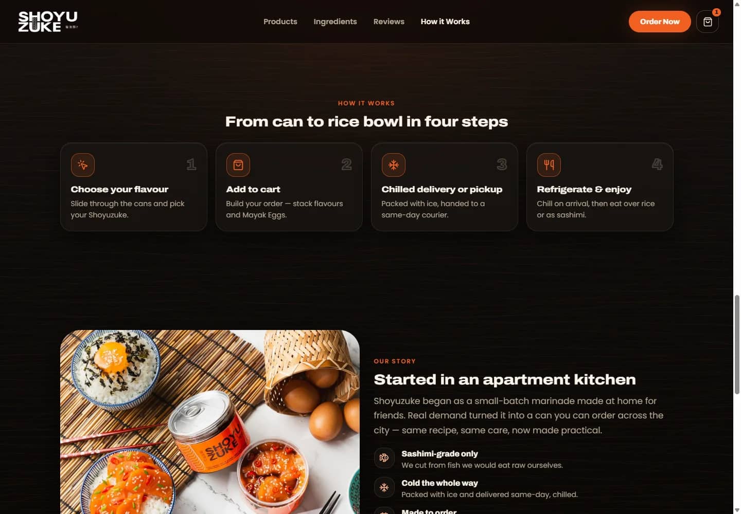 Shoyuzuke's four-step ordering process: choose flavour, add to cart, chilled delivery or pickup, refrigerate and enjoy