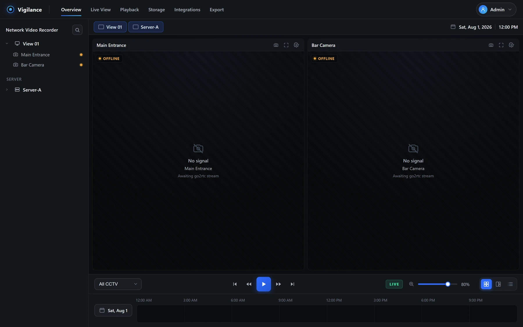 AI Vision network video recorder prototype showing two configured zones, Main Entrance and Bar Camera, both marked offline and awaiting a stream, with the playback timeline and storage, integrations and export tabs visible.