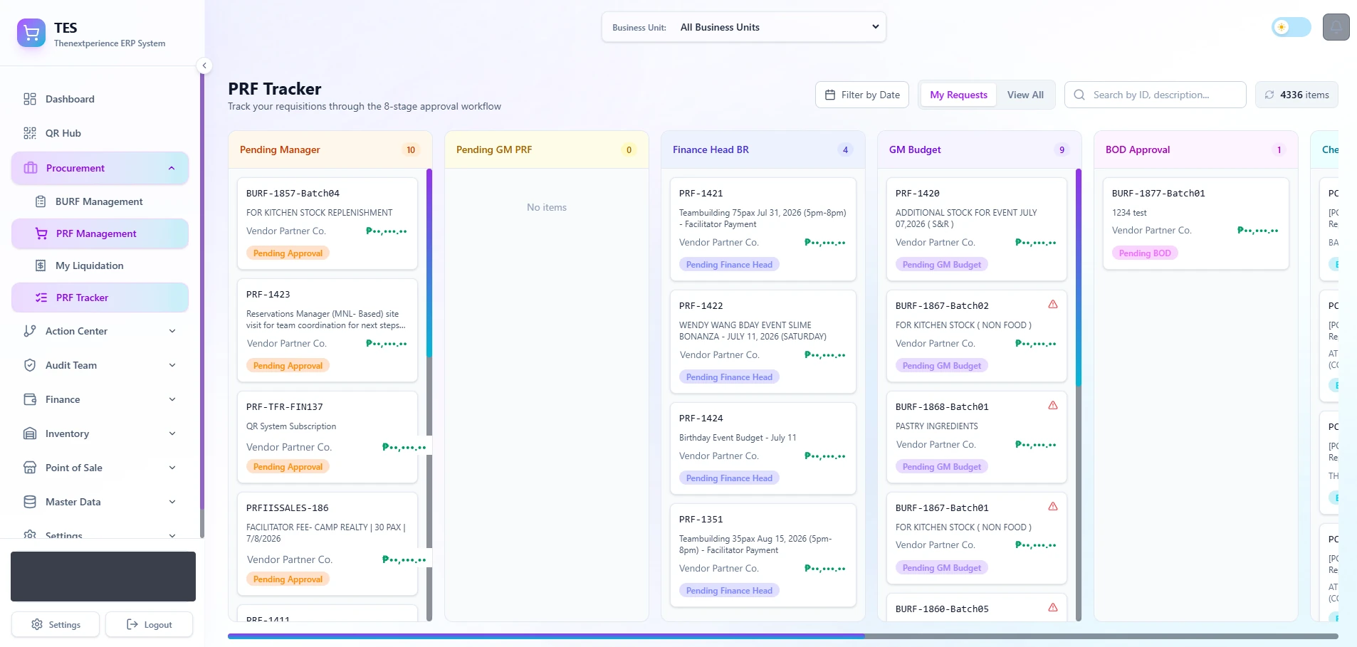TNG ERP purchase-requisition tracker as a kanban board, with requisitions moving through the eight approval stages: pending manager, pending GM, finance head review, GM budget, and board approval.