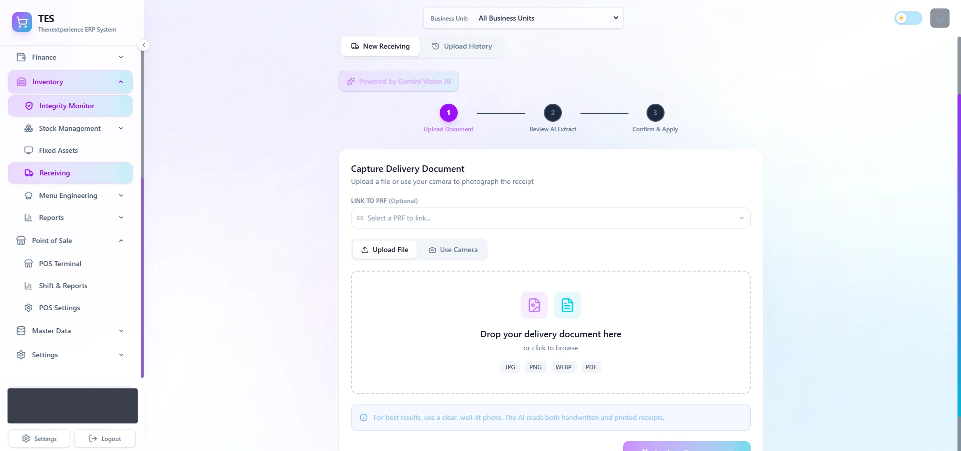 TNG ERP delivery-receiving wizard labelled Powered by Gemini Vision AI, showing its three steps: upload document, review the AI extract, then confirm and apply.