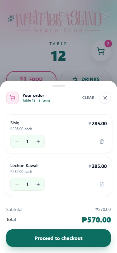 QR ordering cart drawer on a phone, scoped to table 12, listing two items with per-item price, quantity steppers and a remove control, above the subtotal, order total and a proceed-to-checkout button.