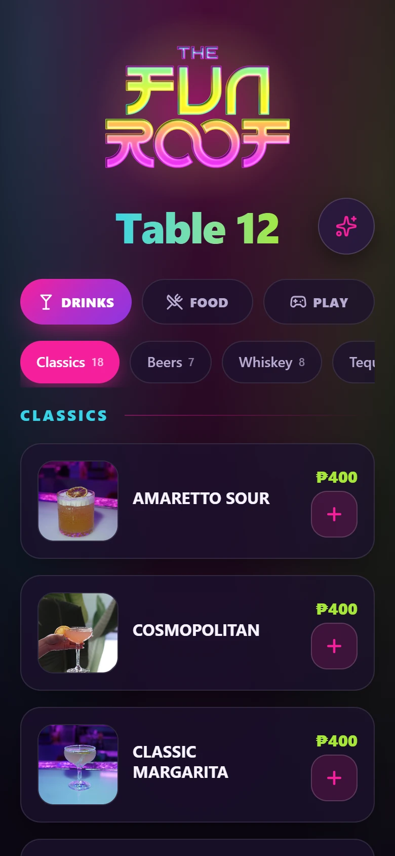 The Fun Roof QR ordering menu on a phone, scoped to table 12, with drinks, food and play tabs and a list of classic cocktails with prices.
