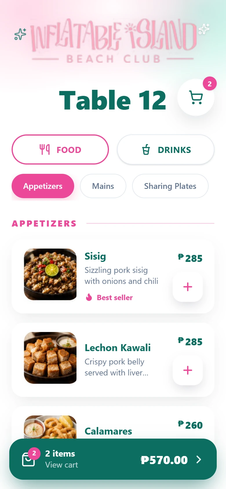 Inflatable Island Beach Club QR ordering menu on a phone, scoped to table 12, with food and drinks tabs, an appetisers category, and priced items — sisig, lechon kawali and calamares — above a view-cart bar showing two items totalling ₱570.