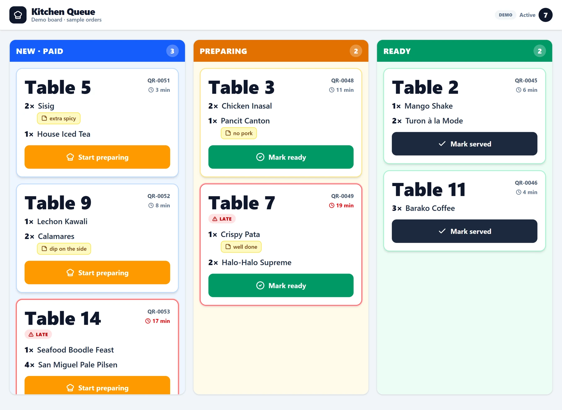 Kitchen queue board with three columns — new and paid, preparing, and ready — holding per-table tickets that show item counts, preparation notes, elapsed time, and late flags.