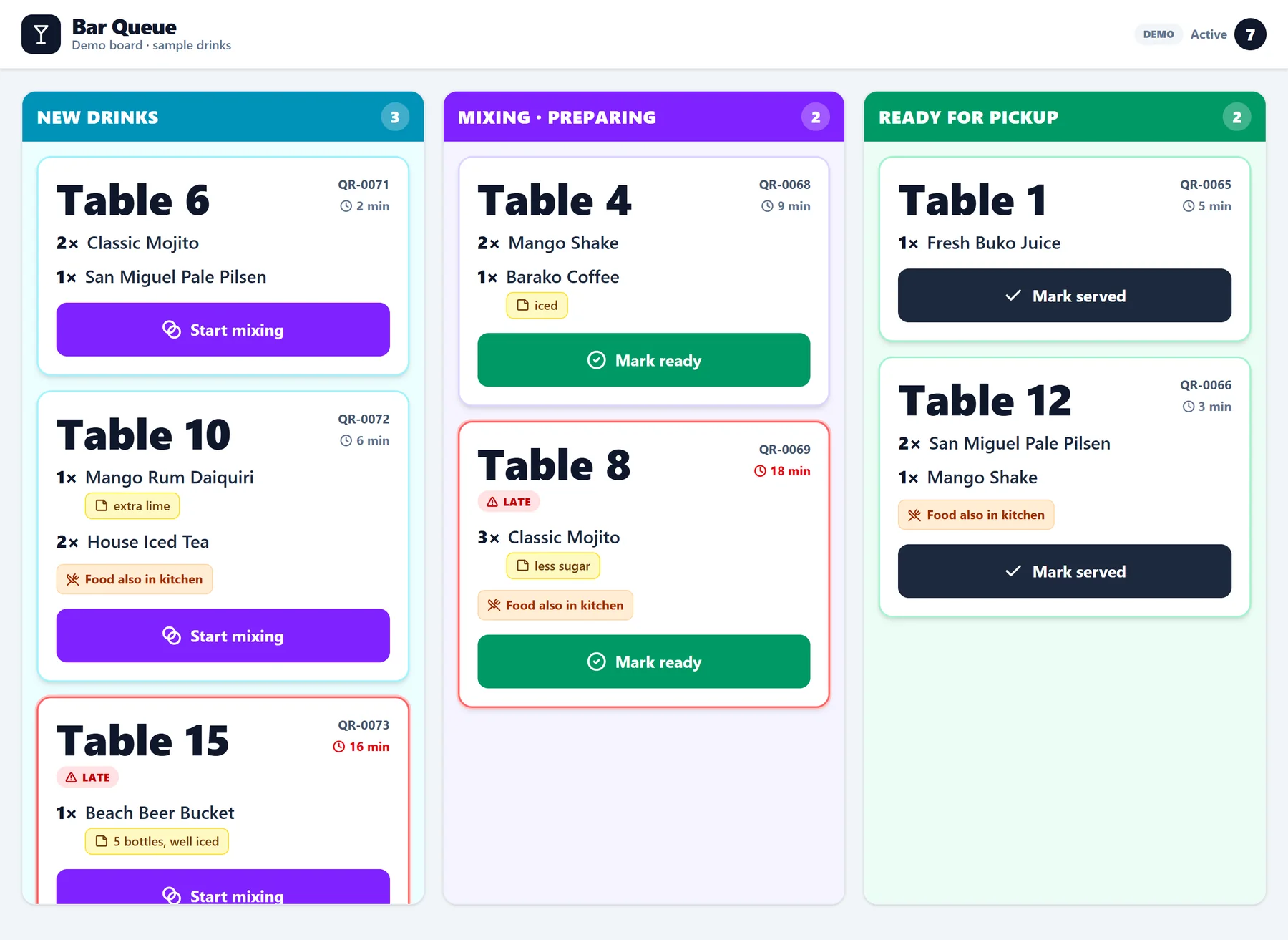 Bar queue board with three columns — new drinks, mixing and preparing, and ready for pickup — holding per-table drink tickets with elapsed time, late flags, and 'food also in kitchen' markers where the same table also has a food order.