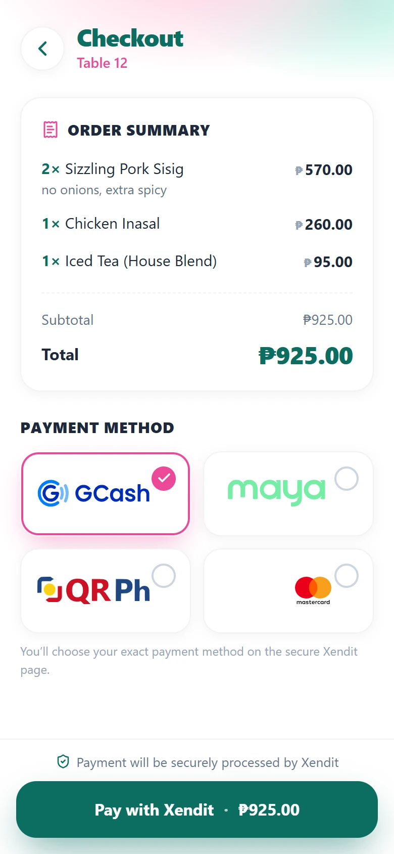 QR ordering checkout on a phone showing the order summary and payment options — GCash, Maya, QRPH and card — processed via Xendit.