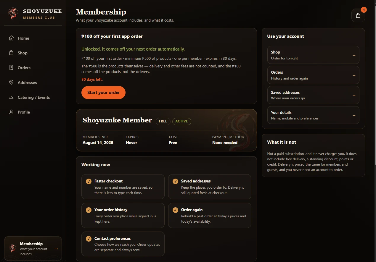 The Shoyuzuke Members Club membership screen: the members navigation rail, the welcome-credit panel, the member card showing the Free and Active state with member-since, expiry, cost and payment method, and the working-now benefits — faster checkout, saved addresses, order history, order again and contact preferences.