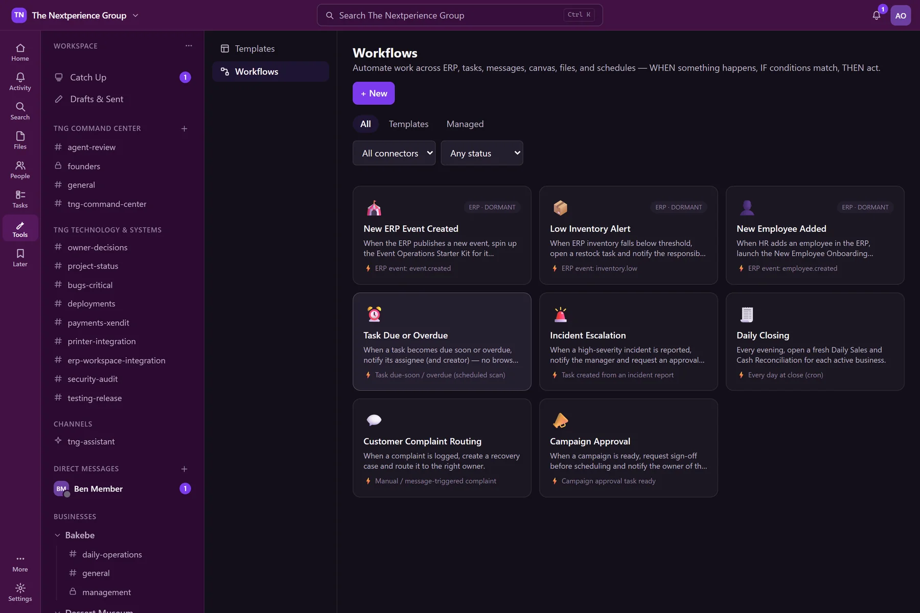 TNG Workspace workflow automation templates — eight rules covering new ERP events, low inventory, new employees, overdue tasks, incident escalation, daily closing, complaint routing and campaign approval, each showing its trigger and an ERP dormant status badge.